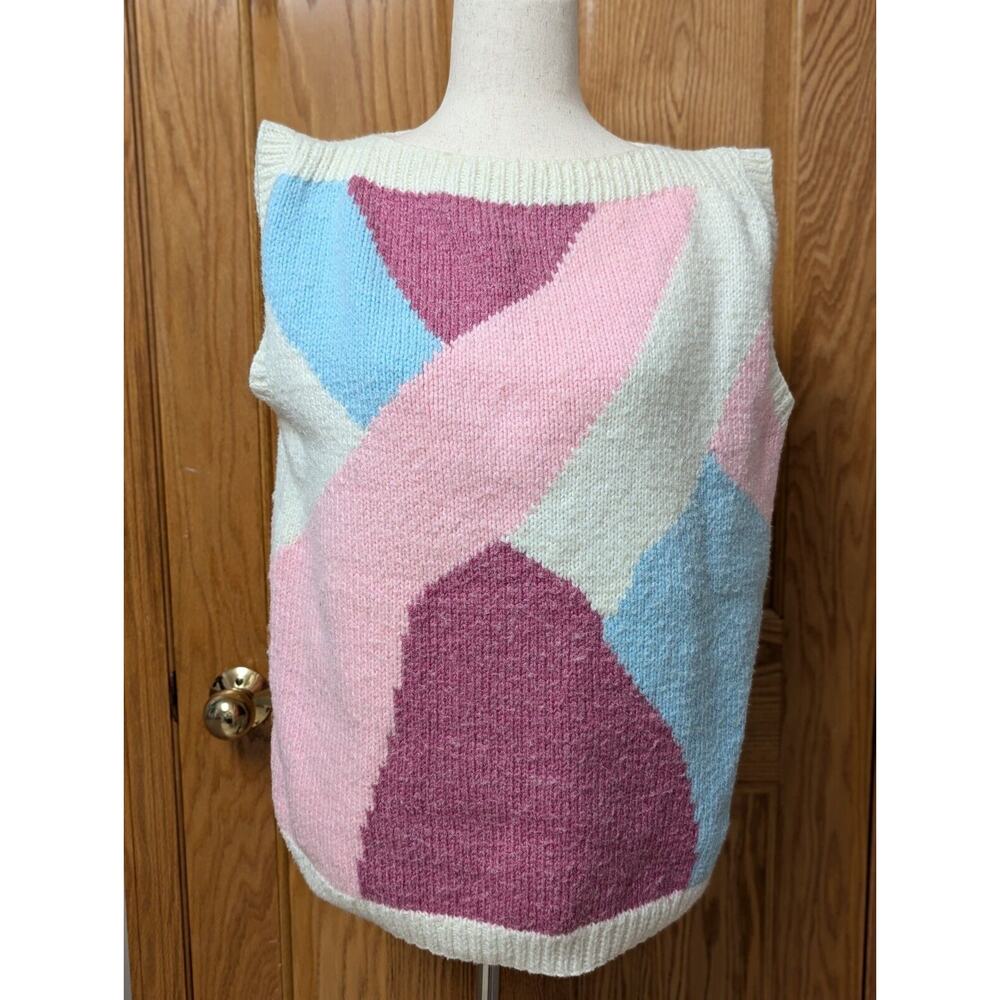 Vintage Hand Knit Pastel Sweater Vest Size M/L Colorblock Oversized Pink Blue